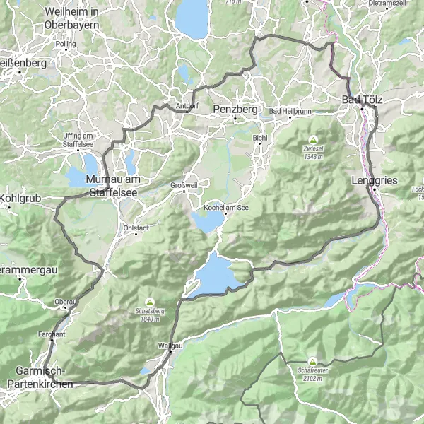 Map miniature of "Alpine Adventure to Bad Tölz" cycling inspiration in Oberbayern, Germany. Generated by Tarmacs.app cycling route planner