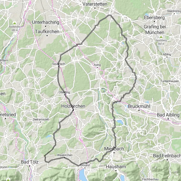 Map miniature of "The Bavarian Countryside Adventure" cycling inspiration in Oberbayern, Germany. Generated by Tarmacs.app cycling route planner