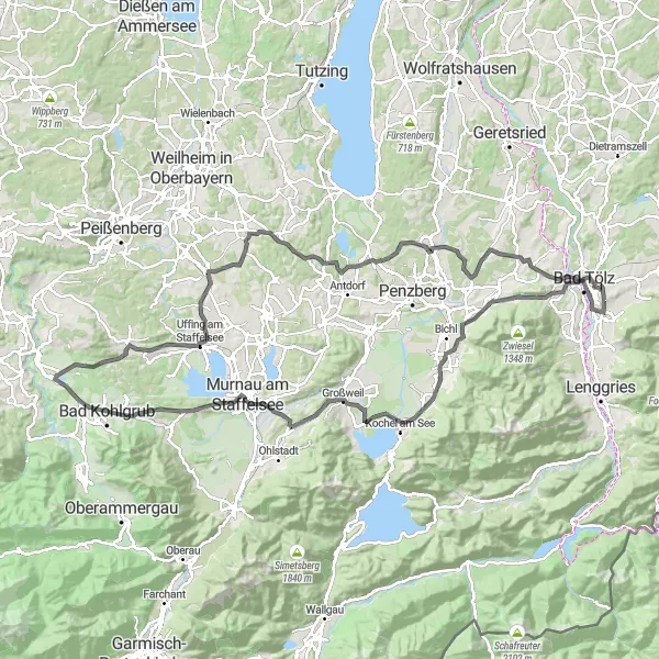 Map miniature of "The Bavarian Hills and Villages" cycling inspiration in Oberbayern, Germany. Generated by Tarmacs.app cycling route planner