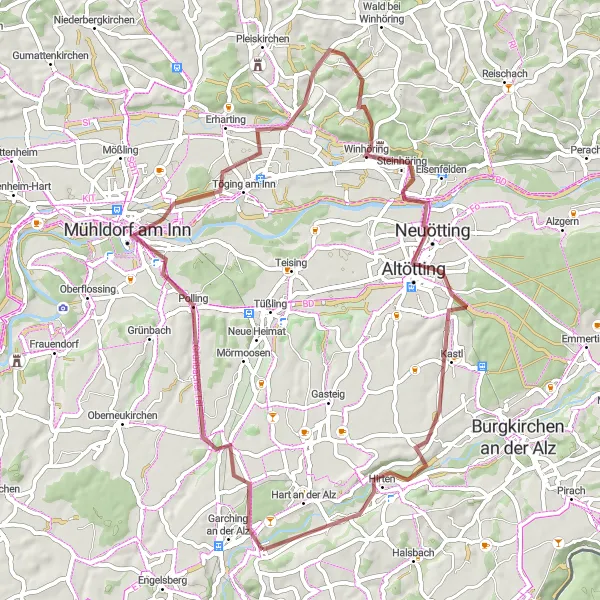 Map miniature of "Gravel Pathways" cycling inspiration in Oberbayern, Germany. Generated by Tarmacs.app cycling route planner