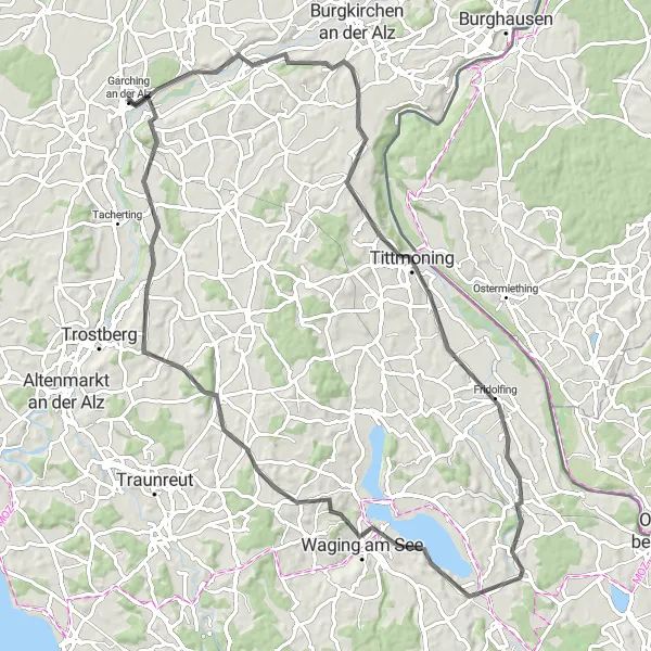 Map miniature of "Alz Valley and Seeon-Seebruck" cycling inspiration in Oberbayern, Germany. Generated by Tarmacs.app cycling route planner
