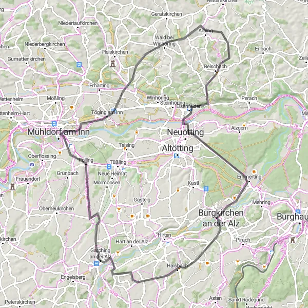 Map miniature of "Wald bei Winhöring Road Loop" cycling inspiration in Oberbayern, Germany. Generated by Tarmacs.app cycling route planner