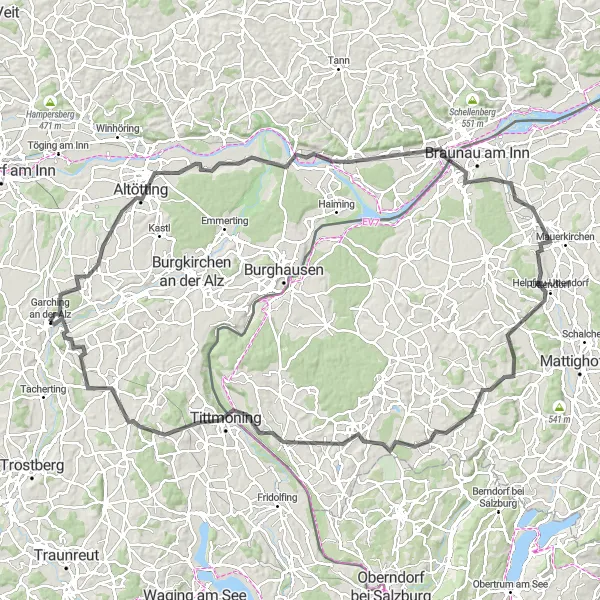 Map miniature of "Altötting Exploration" cycling inspiration in Oberbayern, Germany. Generated by Tarmacs.app cycling route planner