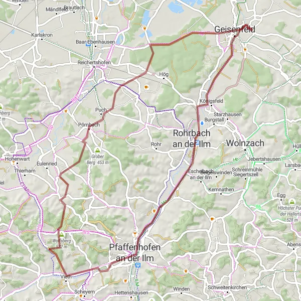 Map miniature of "Off-Road Exploration: Geisenfeld to Rohrbach an der Ilm" cycling inspiration in Oberbayern, Germany. Generated by Tarmacs.app cycling route planner