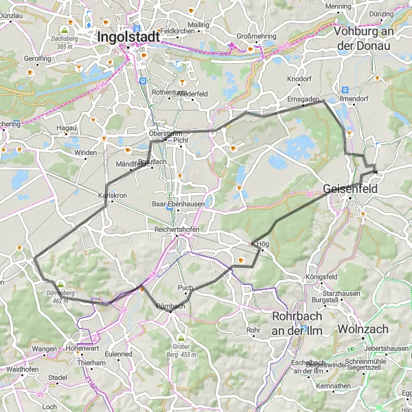 Map miniature of "The Geisenfeld Loop" cycling inspiration in Oberbayern, Germany. Generated by Tarmacs.app cycling route planner