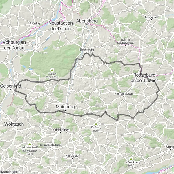 Map miniature of "Scenic Road Cycling: Geisenfeld to Rottenegg" cycling inspiration in Oberbayern, Germany. Generated by Tarmacs.app cycling route planner