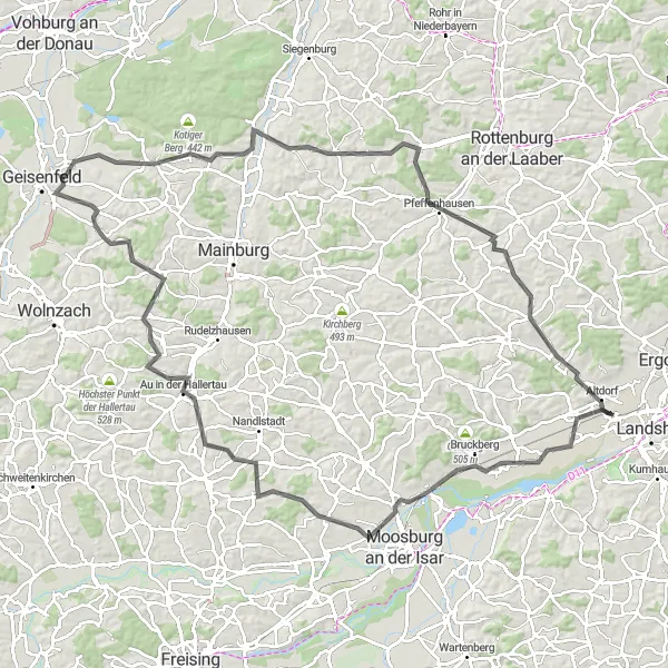 Map miniature of "Challenging Road Ride: Geisenfeld to Au in der Hallertau" cycling inspiration in Oberbayern, Germany. Generated by Tarmacs.app cycling route planner
