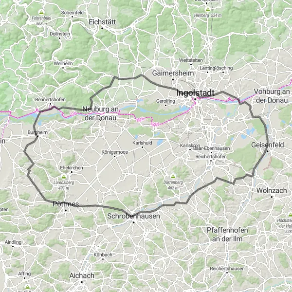 Map miniature of "Round-trip Cycling Route from Geisenfeld: Rural Landscapes and Historic Towns" cycling inspiration in Oberbayern, Germany. Generated by Tarmacs.app cycling route planner