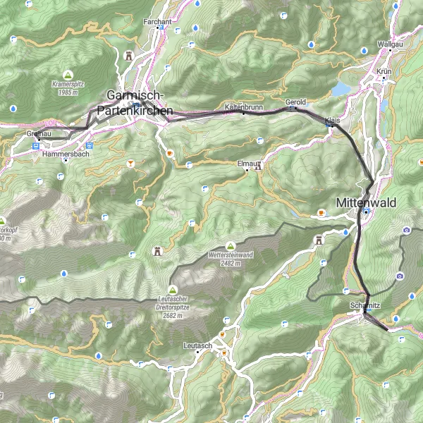 Map miniature of "The Scenic Tour: Mittenwald Loop" cycling inspiration in Oberbayern, Germany. Generated by Tarmacs.app cycling route planner