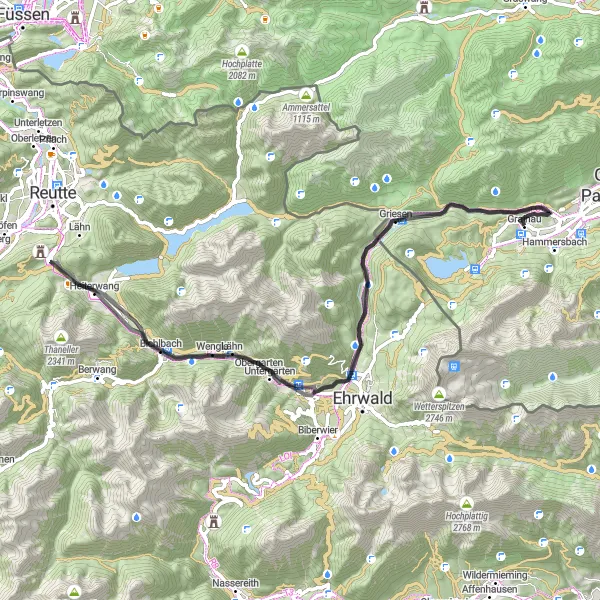 Map miniature of "Hidden Gems: Bavarian Road Trip" cycling inspiration in Oberbayern, Germany. Generated by Tarmacs.app cycling route planner