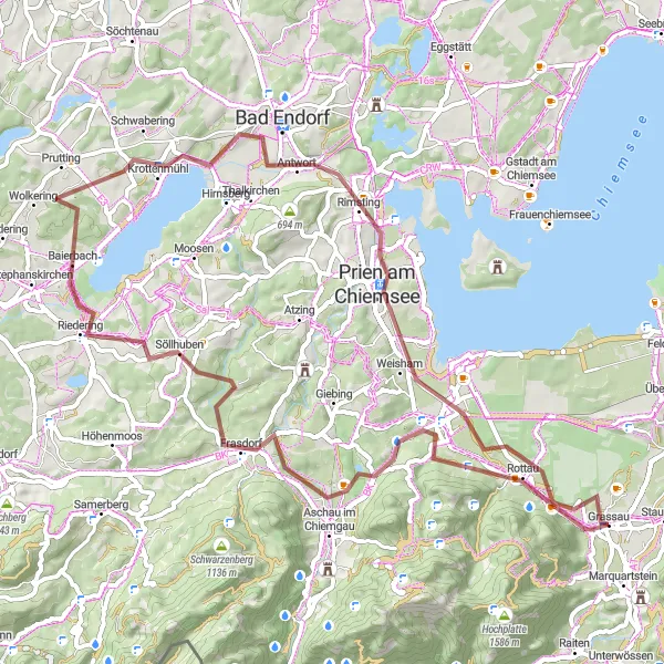 Map miniature of "Chiemsee Gravel Adventure" cycling inspiration in Oberbayern, Germany. Generated by Tarmacs.app cycling route planner