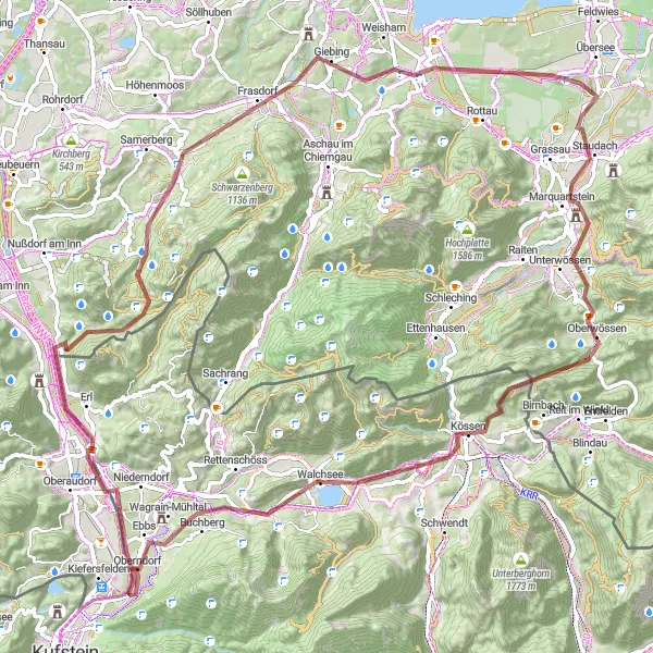 Map miniature of "Unterwössen Adventure" cycling inspiration in Oberbayern, Germany. Generated by Tarmacs.app cycling route planner