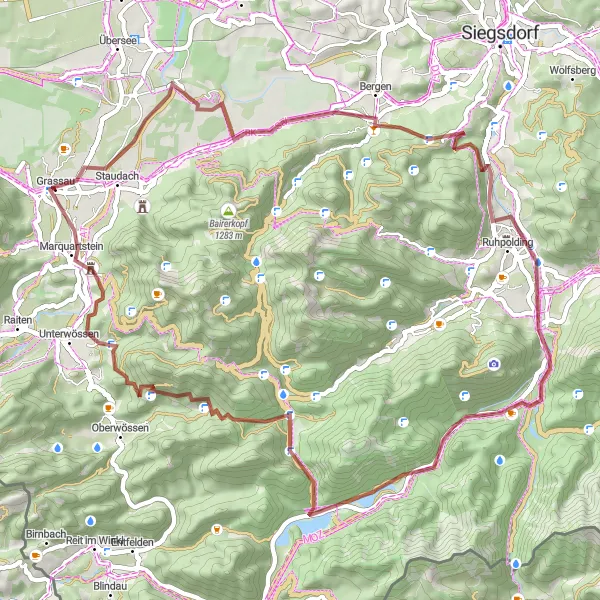 Map miniature of "Grassau to Marquartstein and Back" cycling inspiration in Oberbayern, Germany. Generated by Tarmacs.app cycling route planner