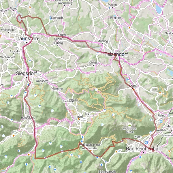 Map miniature of "Grossgmain Gravel Adventure Extended" cycling inspiration in Oberbayern, Germany. Generated by Tarmacs.app cycling route planner