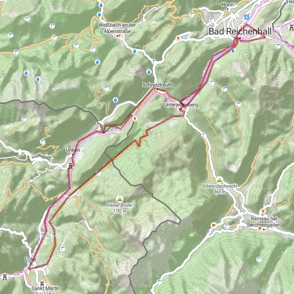Map miniature of "Gravel Route through Oberbayern" cycling inspiration in Oberbayern, Germany. Generated by Tarmacs.app cycling route planner