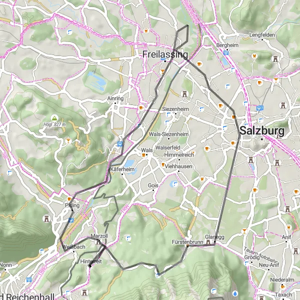 Map miniature of "Grossgmain Circular Road Route" cycling inspiration in Oberbayern, Germany. Generated by Tarmacs.app cycling route planner