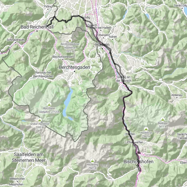 Map miniature of "Grossgmain Extended Road Route" cycling inspiration in Oberbayern, Germany. Generated by Tarmacs.app cycling route planner