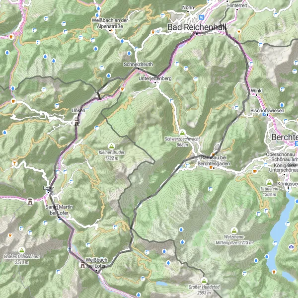 Map miniature of "Alpine adventure from Grossgmain to Ramsau bei Berchtesgaden" cycling inspiration in Oberbayern, Germany. Generated by Tarmacs.app cycling route planner