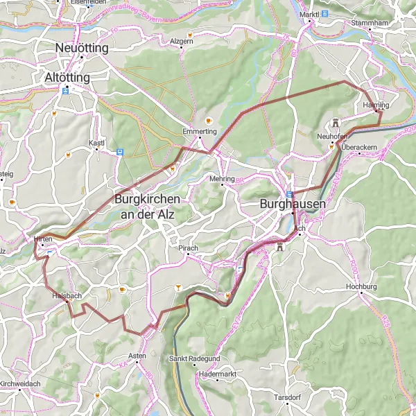Map miniature of "Burghausen Exploration" cycling inspiration in Oberbayern, Germany. Generated by Tarmacs.app cycling route planner