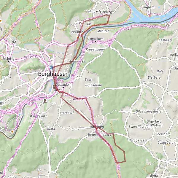 Map miniature of "Haiming and Burghausen Gravel Adventure" cycling inspiration in Oberbayern, Germany. Generated by Tarmacs.app cycling route planner