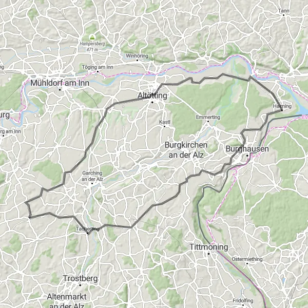Karten-Miniaturansicht der Radinspiration "Auf den Spuren von Burghausen" in Oberbayern, Germany. Erstellt vom Tarmacs.app-Routenplaner für Radtouren