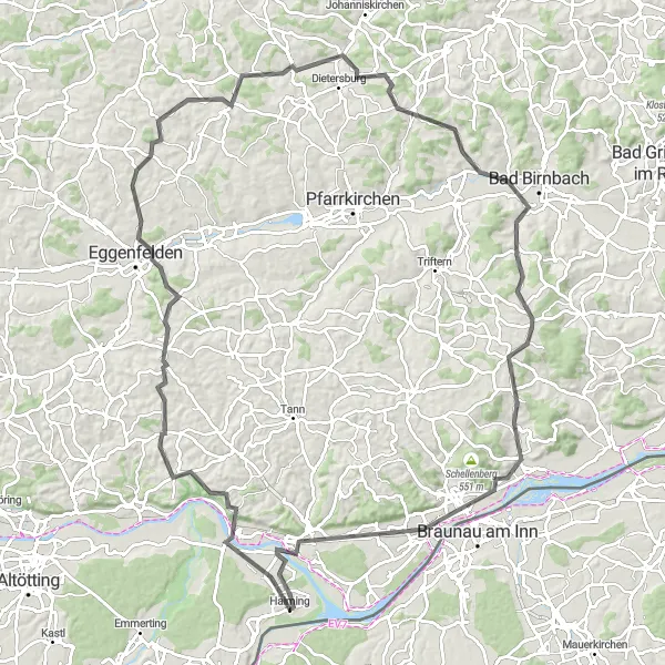 Map miniature of "Scenic Road Cycling: From Haiming to Marktl" cycling inspiration in Oberbayern, Germany. Generated by Tarmacs.app cycling route planner