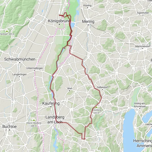 Karten-Miniaturansicht der Radinspiration "Abenteuerliche Gravel-Tour um Landsberg am Lech" in Oberbayern, Germany. Erstellt vom Tarmacs.app-Routenplaner für Radtouren