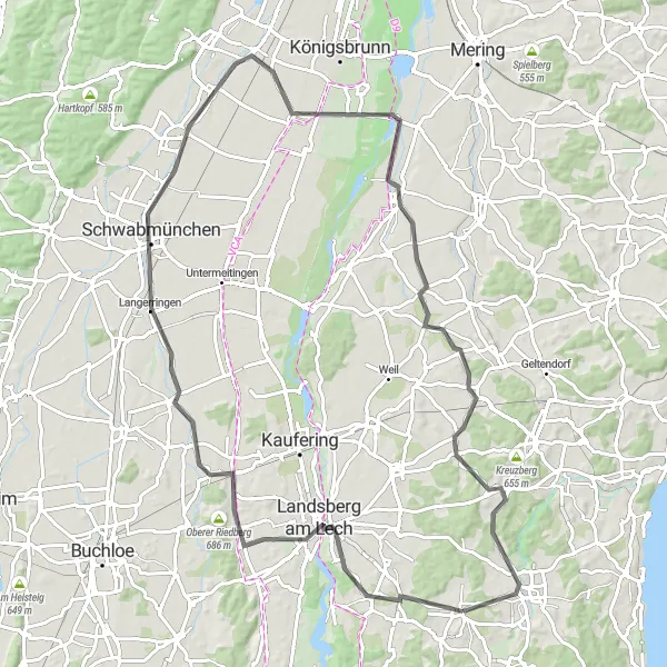 Karten-Miniaturansicht der Radinspiration "Rundweg über Landsberg am Lech" in Oberbayern, Germany. Erstellt vom Tarmacs.app-Routenplaner für Radtouren