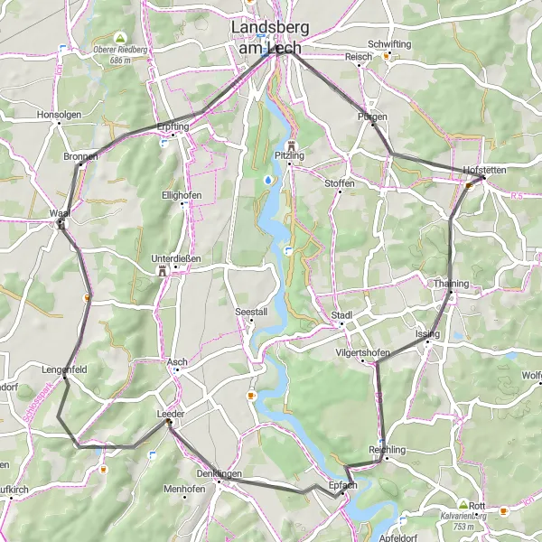 Karten-Miniaturansicht der Radinspiration "Historische Entdeckungstour um Vilgertshofen" in Oberbayern, Germany. Erstellt vom Tarmacs.app-Routenplaner für Radtouren