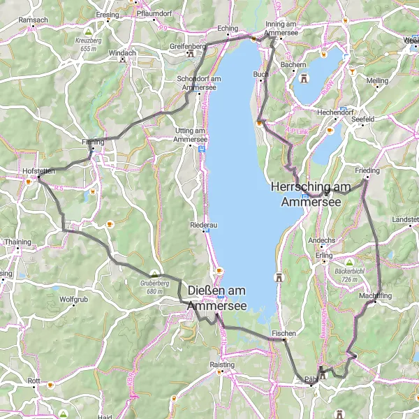 Karten-Miniaturansicht der Radinspiration "Rundfahrt von Hofstetten über den Ammersee" in Oberbayern, Germany. Erstellt vom Tarmacs.app-Routenplaner für Radtouren