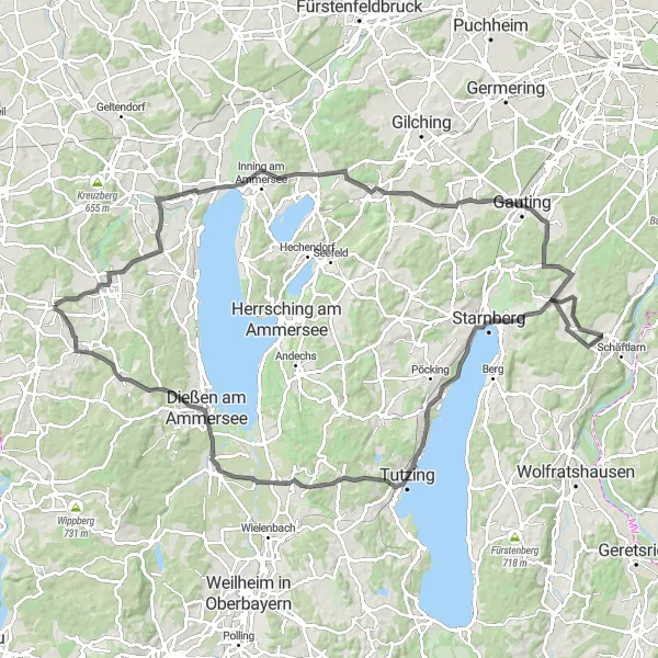 Karten-Miniaturansicht der Radinspiration "Rund um den Starnberger See" in Oberbayern, Germany. Erstellt vom Tarmacs.app-Routenplaner für Radtouren