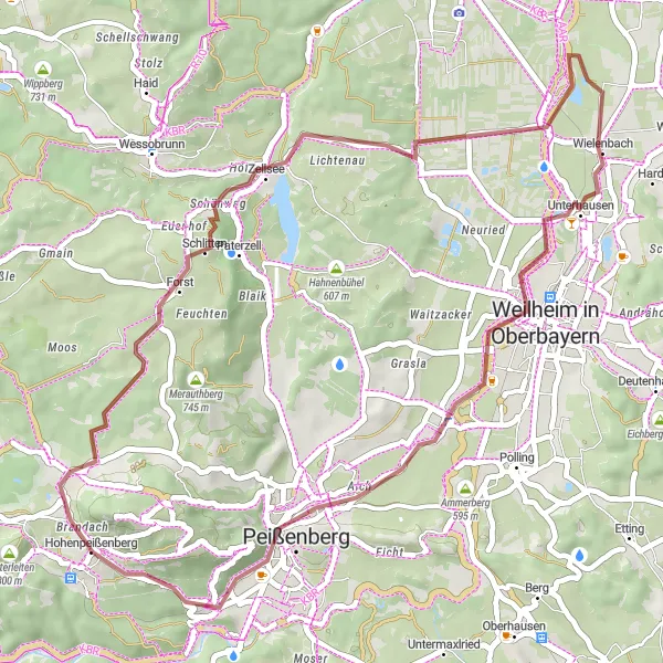 Map miniature of "Peißenberg Gravel Route" cycling inspiration in Oberbayern, Germany. Generated by Tarmacs.app cycling route planner