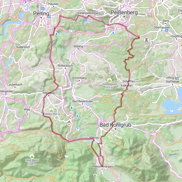 Map miniature of "Wildsteig Gravel Adventure" cycling inspiration in Oberbayern, Germany. Generated by Tarmacs.app cycling route planner