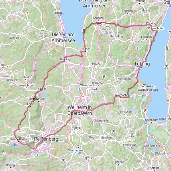 Map miniature of "Gravel adventure around Hohenpeißenberg" cycling inspiration in Oberbayern, Germany. Generated by Tarmacs.app cycling route planner