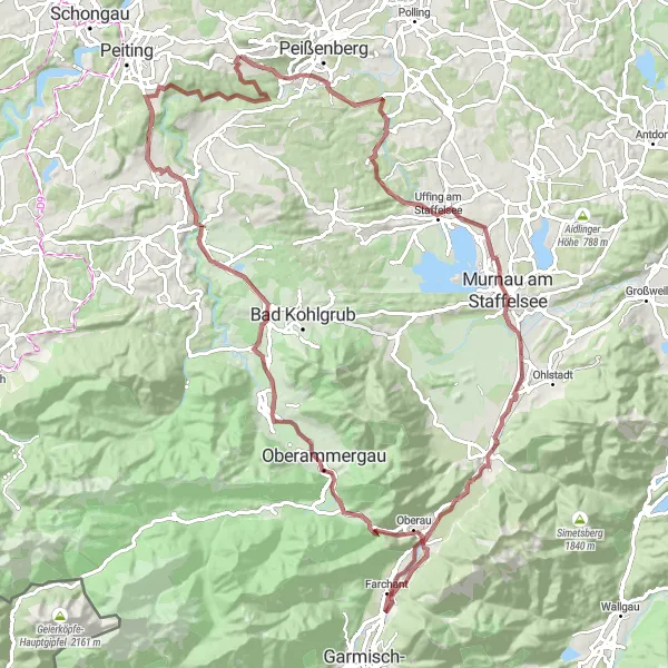 Karten-Miniaturansicht der Radinspiration "Hohenpeißenberg - Hechenrain - Ettal - Rottenbuch Rundfahrt" in Oberbayern, Germany. Erstellt vom Tarmacs.app-Routenplaner für Radtouren