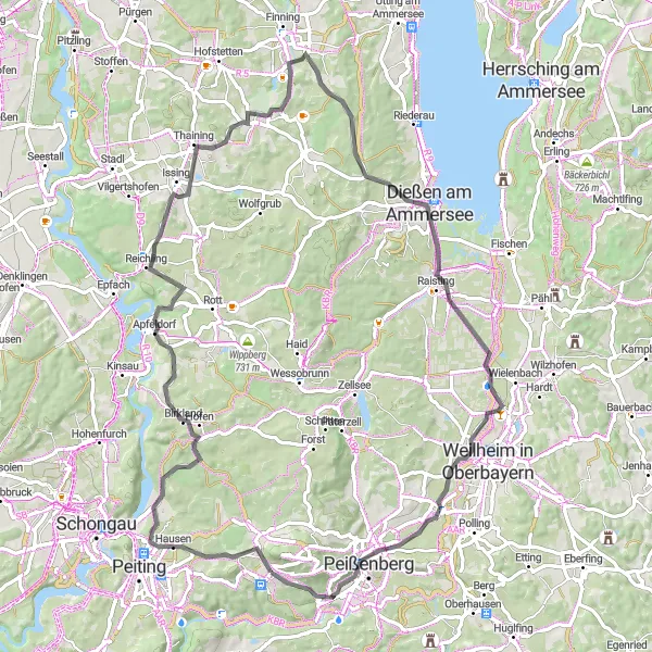 Map miniature of "Birkland Adventure Ride" cycling inspiration in Oberbayern, Germany. Generated by Tarmacs.app cycling route planner
