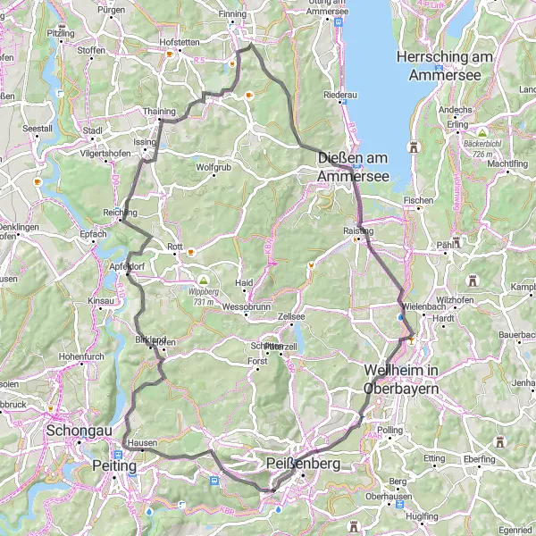 Karten-Miniaturansicht der Radinspiration "Tour um den Ammersee" in Oberbayern, Germany. Erstellt vom Tarmacs.app-Routenplaner für Radtouren