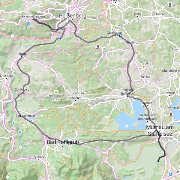 Map miniature of "Scenic tour through the Bavarian countryside" cycling inspiration in Oberbayern, Germany. Generated by Tarmacs.app cycling route planner