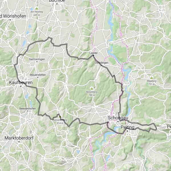 Map miniature of "Hoher Peißenberg and surrounding countryside" cycling inspiration in Oberbayern, Germany. Generated by Tarmacs.app cycling route planner