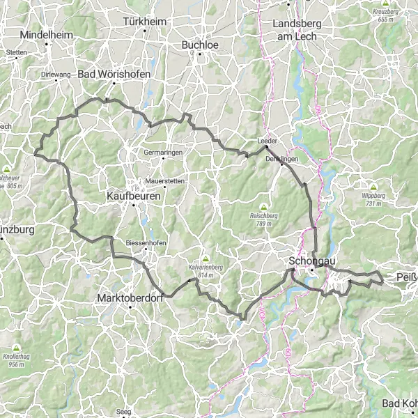 Map miniature of "Challenging ride through the countryside" cycling inspiration in Oberbayern, Germany. Generated by Tarmacs.app cycling route planner