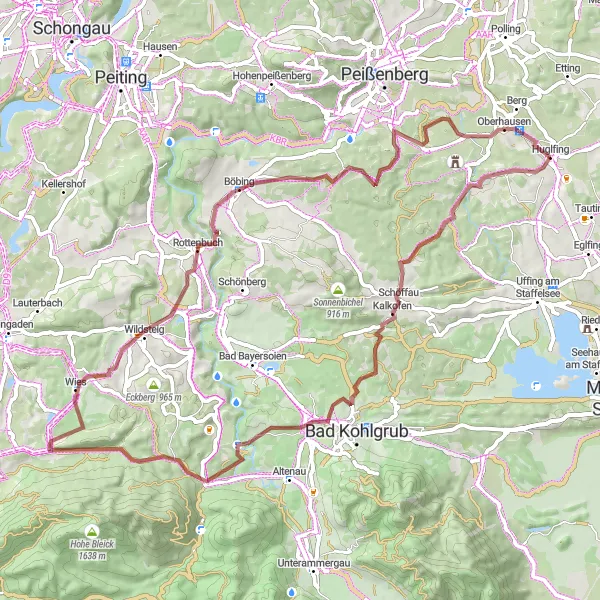 Map miniature of "Untouched Wilderness" cycling inspiration in Oberbayern, Germany. Generated by Tarmacs.app cycling route planner