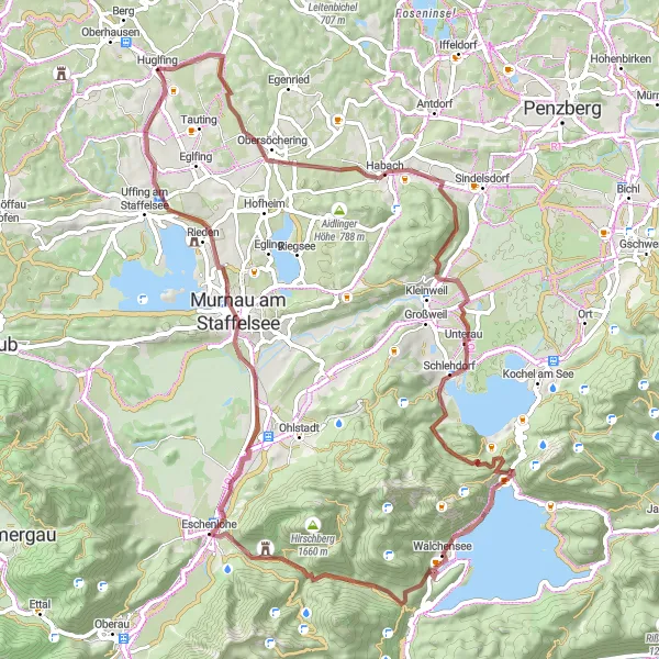 Map miniature of "Gravel Adventure near Huglfing" cycling inspiration in Oberbayern, Germany. Generated by Tarmacs.app cycling route planner