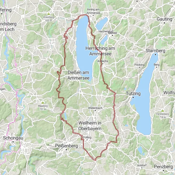 Map miniature of "Ammerberg Gravel Challenge" cycling inspiration in Oberbayern, Germany. Generated by Tarmacs.app cycling route planner