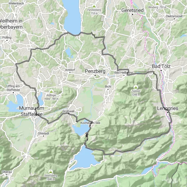 Map miniature of "A Ride Through Alps and Lakes" cycling inspiration in Oberbayern, Germany. Generated by Tarmacs.app cycling route planner