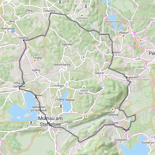 Map miniature of "Eberfing and the Staffelsee" cycling inspiration in Oberbayern, Germany. Generated by Tarmacs.app cycling route planner