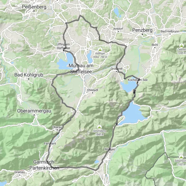 Map miniature of "Riedberg and Staffelsee Loop" cycling inspiration in Oberbayern, Germany. Generated by Tarmacs.app cycling route planner