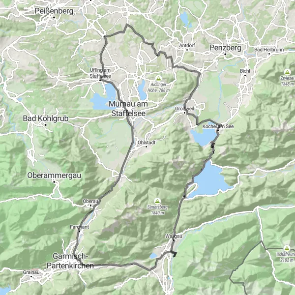 Map miniature of "Foothills and Countryside Loop" cycling inspiration in Oberbayern, Germany. Generated by Tarmacs.app cycling route planner
