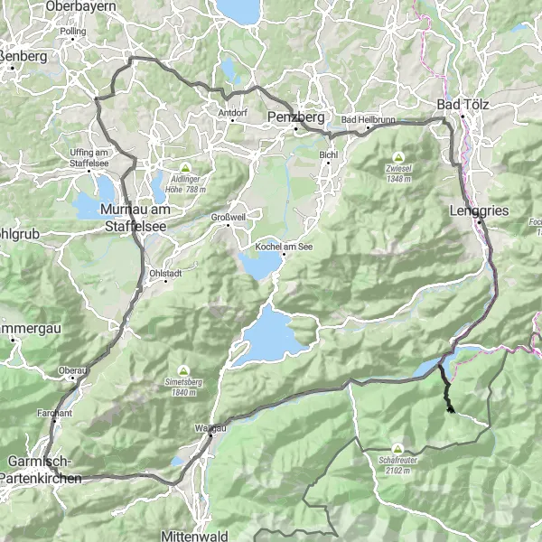 Map miniature of "Mühlfeld Circuit" cycling inspiration in Oberbayern, Germany. Generated by Tarmacs.app cycling route planner