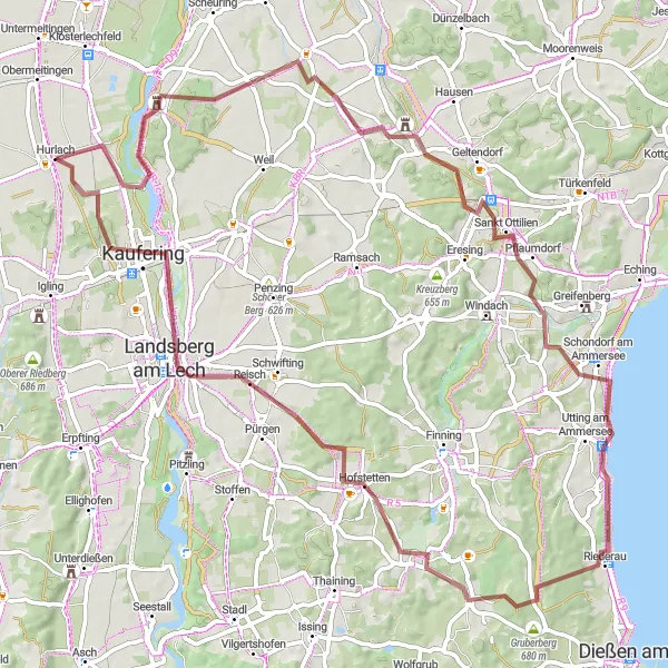 Karten-Miniaturansicht der Radinspiration "Gravel-Tour um Landsberg am Lech" in Oberbayern, Germany. Erstellt vom Tarmacs.app-Routenplaner für Radtouren