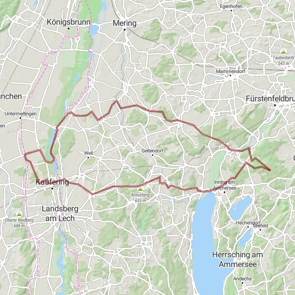 Karten-Miniaturansicht der Radinspiration "Erlebnisreiche Gravel-Tour um den Ammersee" in Oberbayern, Germany. Erstellt vom Tarmacs.app-Routenplaner für Radtouren